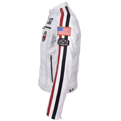 Men’s Real Leather Biker Jacket – Bobby Vintage White Racing Jacket with Motorsport Patches