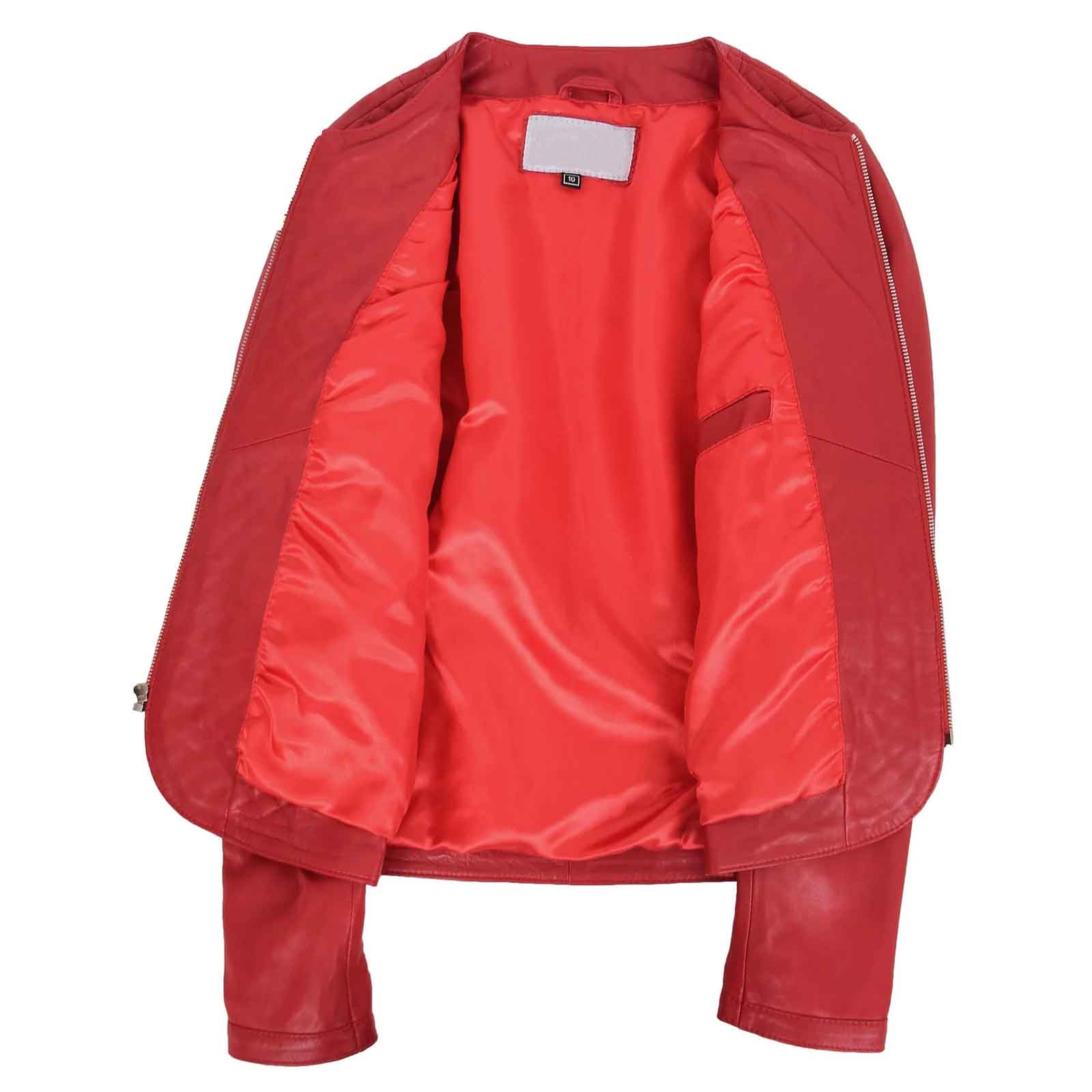 Regals Leather Women’s Red Quilted Collarless Leather Jacket – Joan Slim Fit Biker