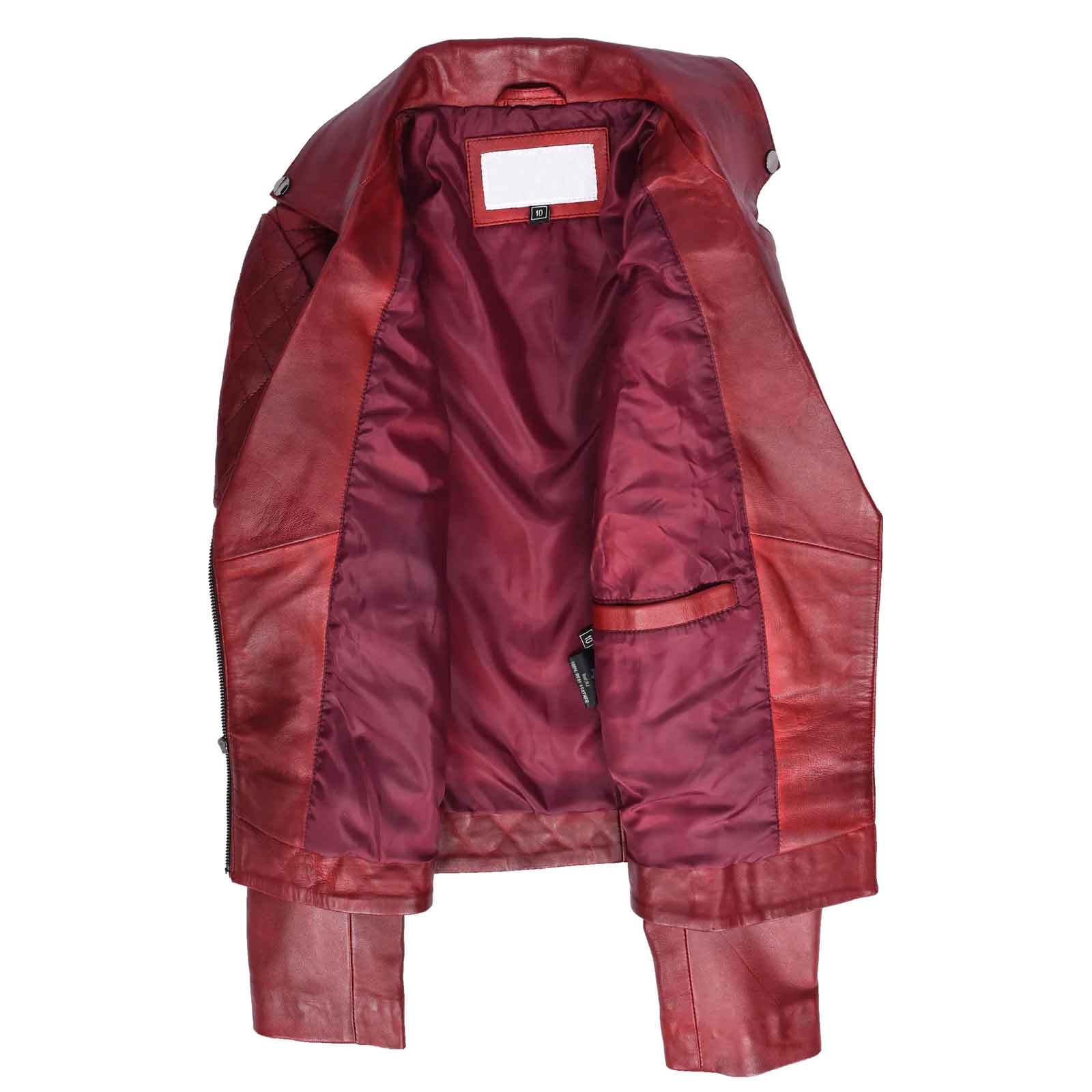 Nixi Women’s Burnish Red Multi Cross Zip Biker Leather Jacket | Quilted Fitted Style