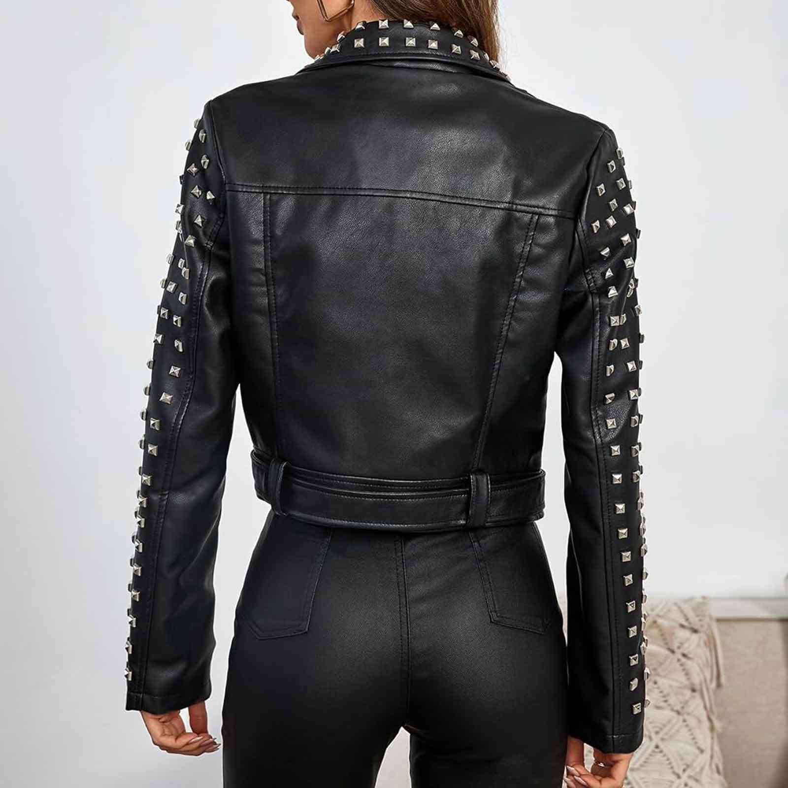 Women’s Studded Faux Leather Moto Jacket | Rivet Short Biker Coat with Stand Collar