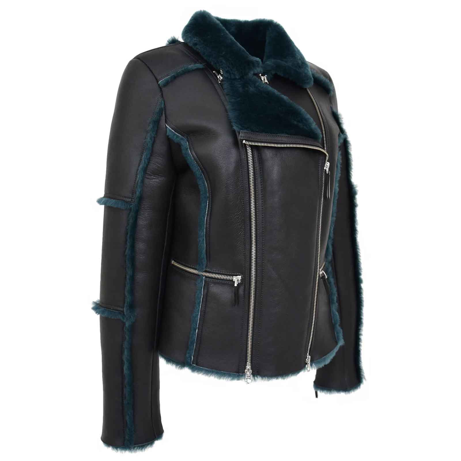 Women’s Sheepskin Aviator Pilot Jacket – Valerie Black Green Shearling Coat