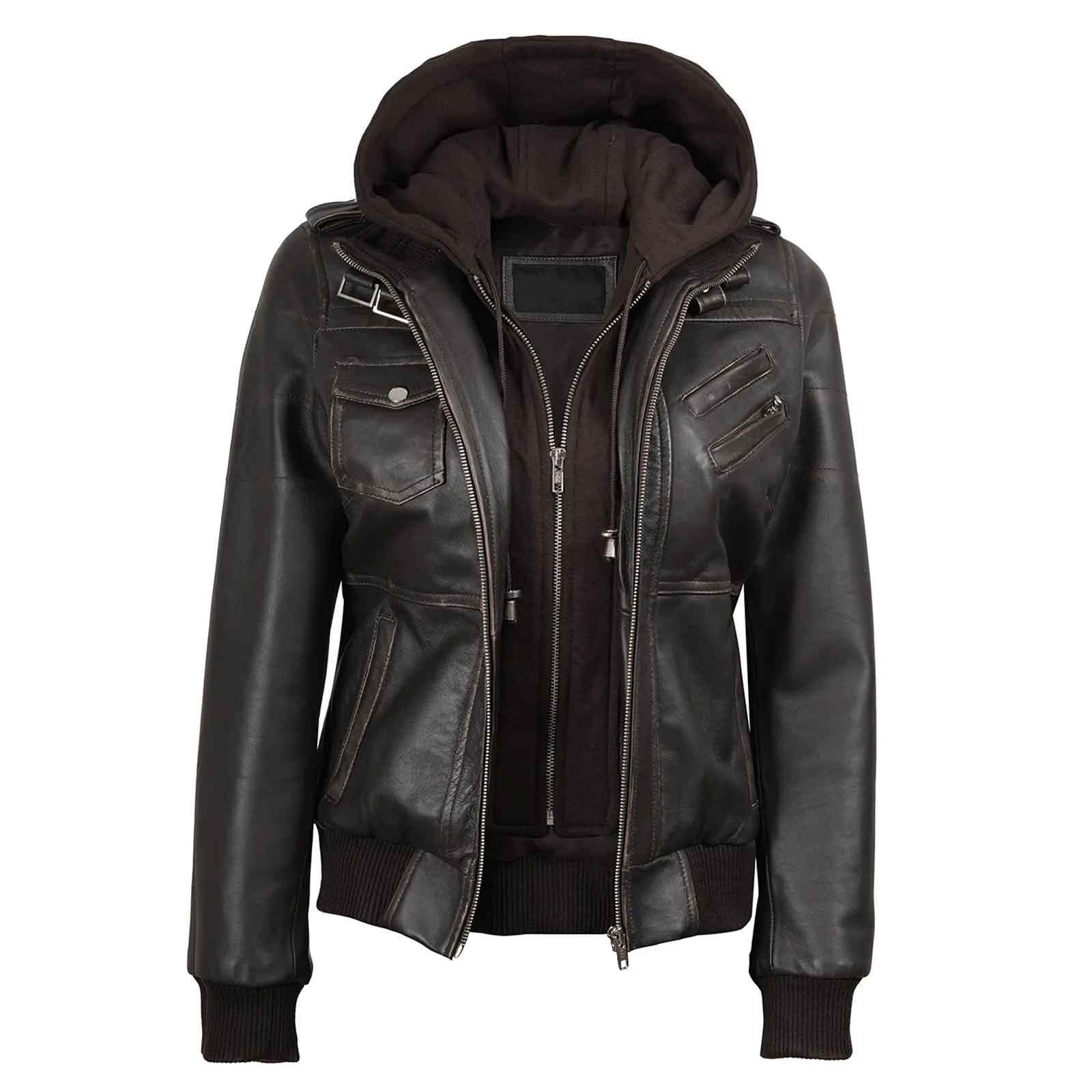 Dark Brown Rub Off Leather Jacket for Women with Removable Hood – Premium Casual Wear