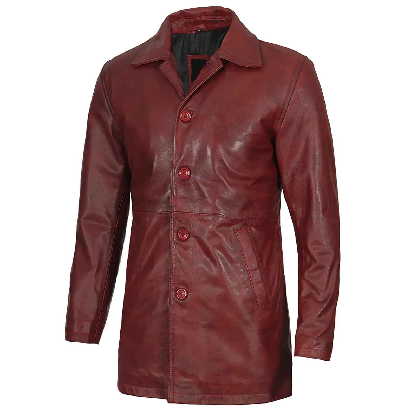 Burgundy Men’s Real Lambskin Leather Car Coat Genuine Leather Long Jacket