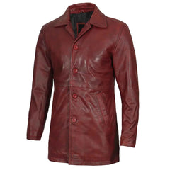 Burgundy Men’s Real Lambskin Leather Car Coat Genuine Leather Long Jacket