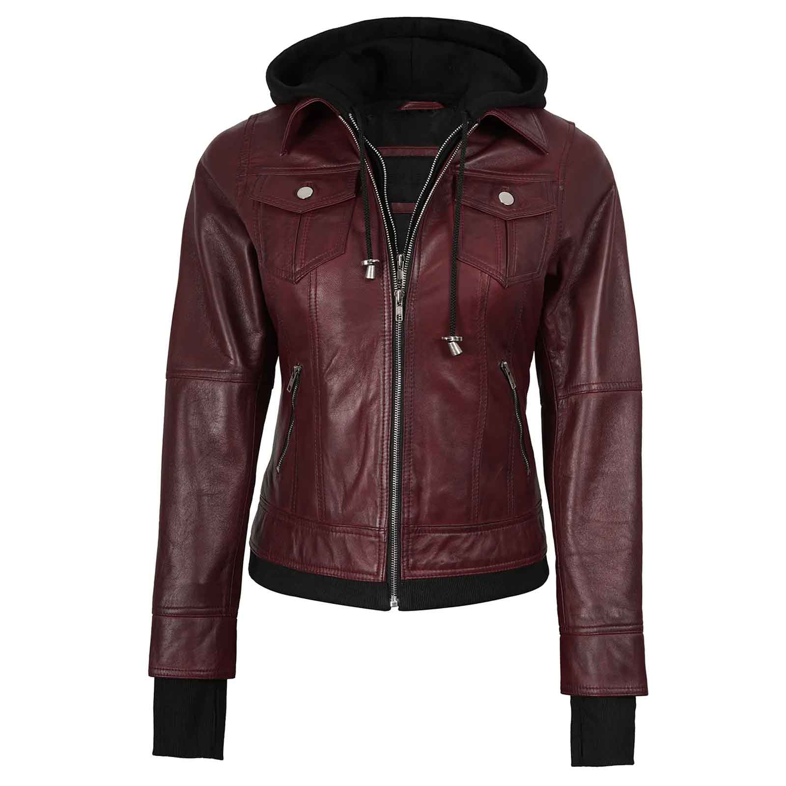 Lightweight Real Leather Women's Bomber Burgundy Jacket with Hood | Regals Leather
