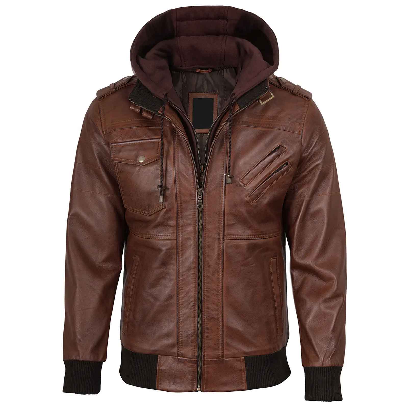 Edinburgh Men's Brown Bomber Genuine Leather Jacket With Removable Hood