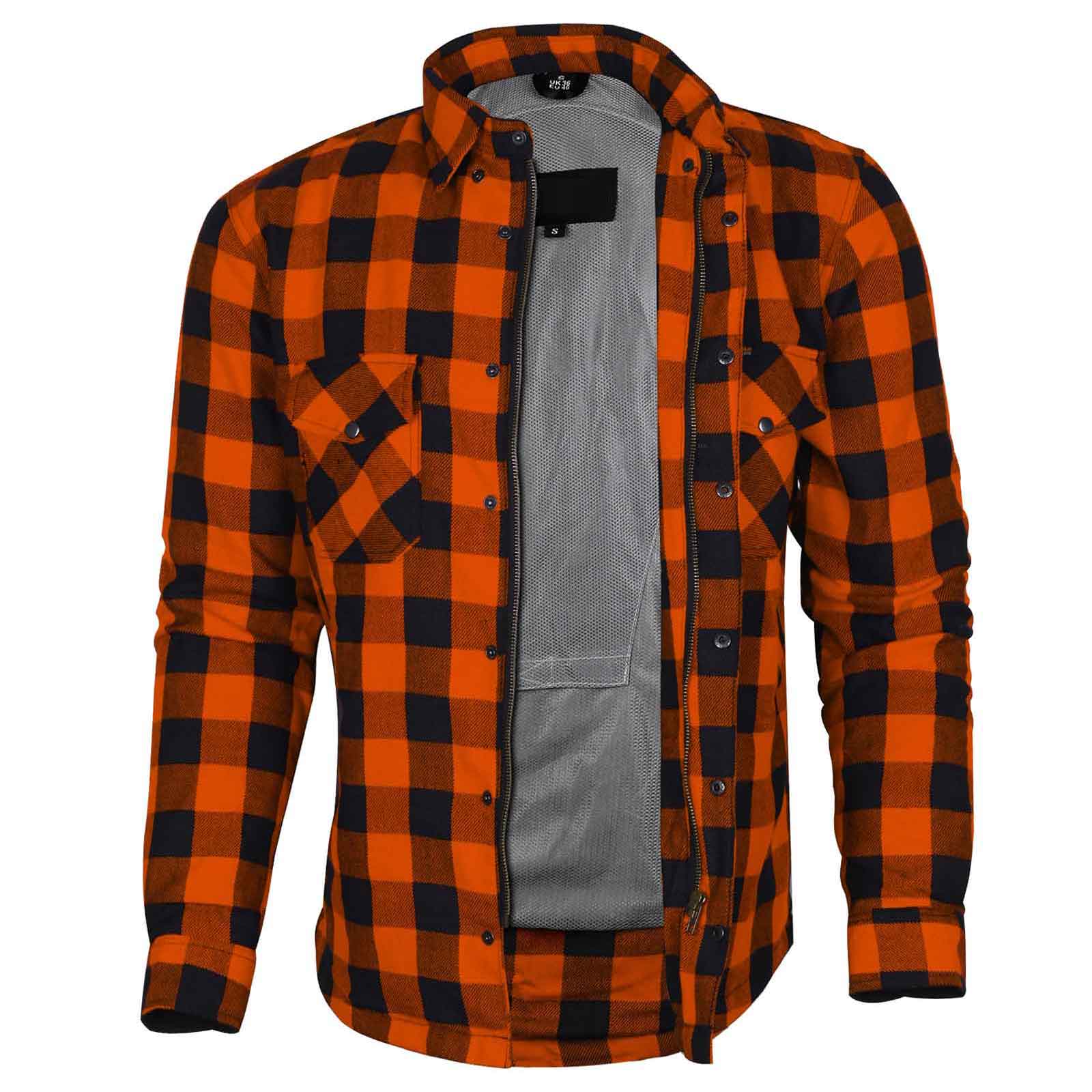 Exo Protective Motorcycle Flannel Shirt Orange/Black – Kevlar® Lined Riding Shirt with CE Armor Pockets